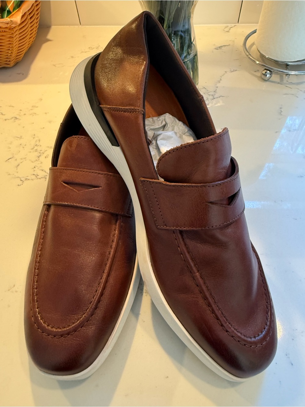 Men's Brown Leather Slip-On Loafers with White Sole